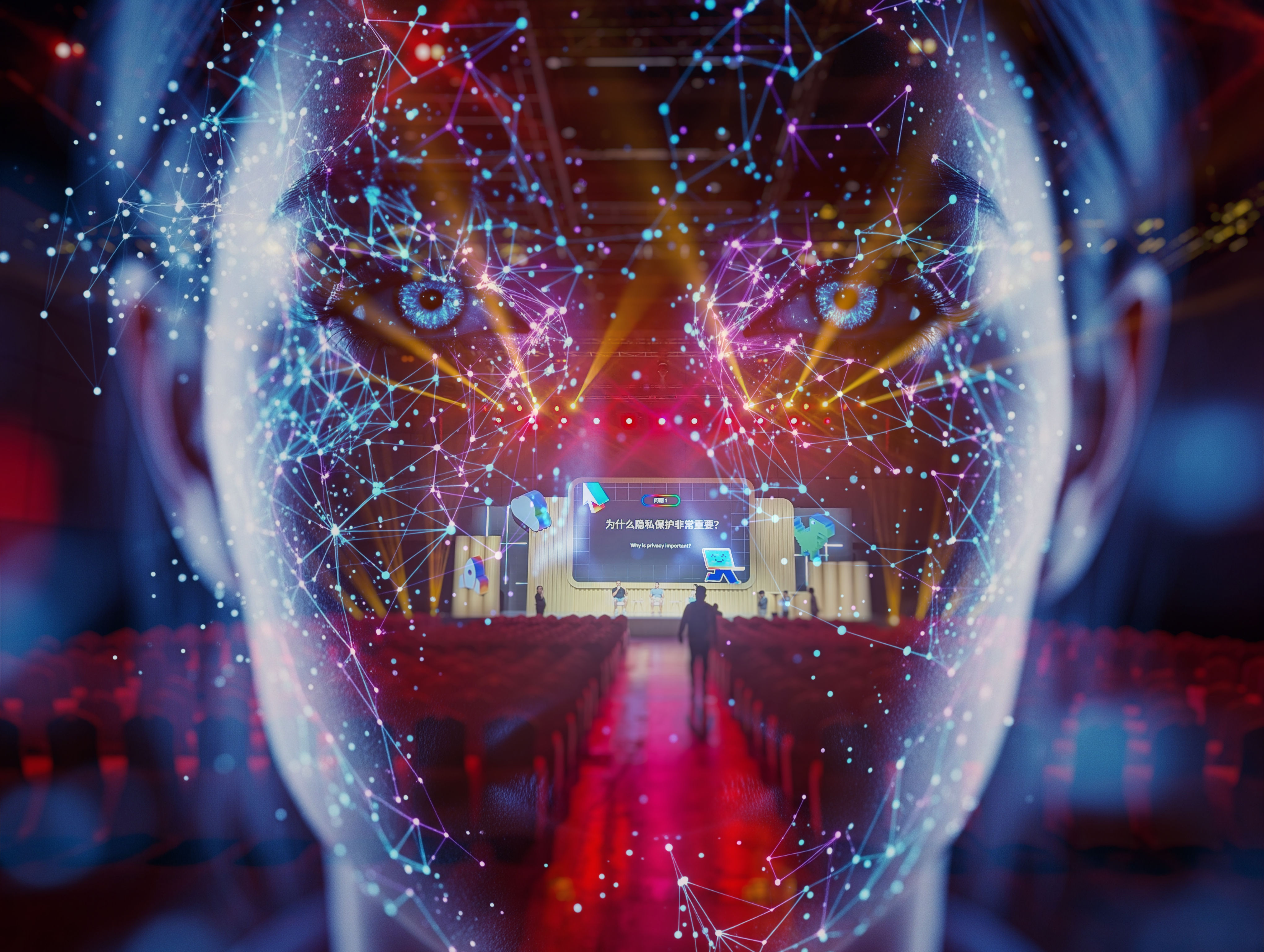 A double exposure blending a close-up human face with a conference auditorium. The face, seen straight on, is rendered as a translucent web of glowing blue and magenta lines and points of light, the two eyes just visible where they fall over the stage. Through and behind the face are rows of empty red seats and a central aisle leading to a brightly lit stage, where a large screen reads, in Chinese and English, "Why is privacy important?" A few small figures sit and stand on the stage under coloured spotlights.