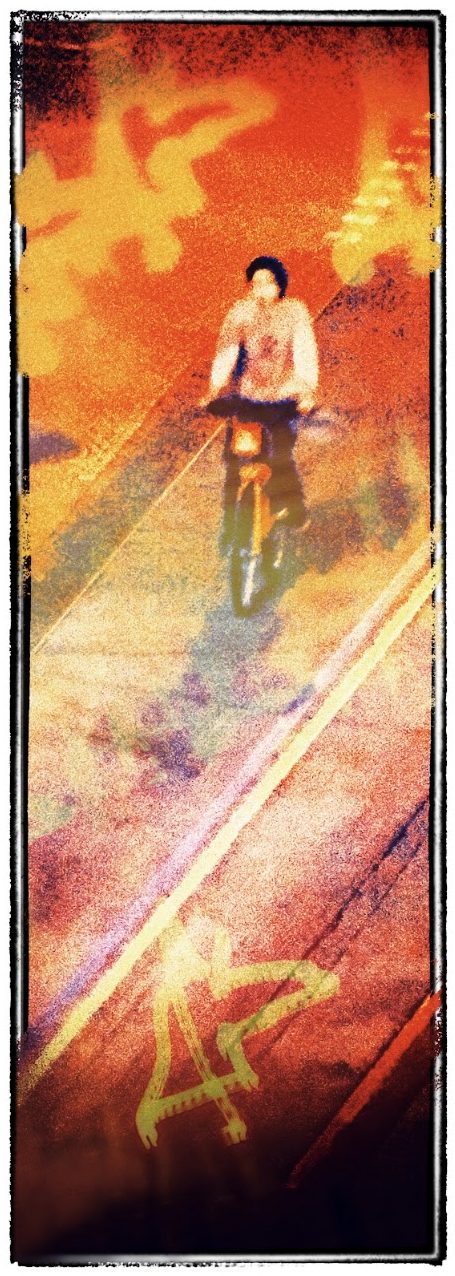 A tall narrow frame, heavily grained and saturated in orange and red, showing a cyclist riding towards the camera on a bike lane. Painted bike pictograms appear above and below. A thick ragged white border surrounds the image like the edge of a hand-made print.