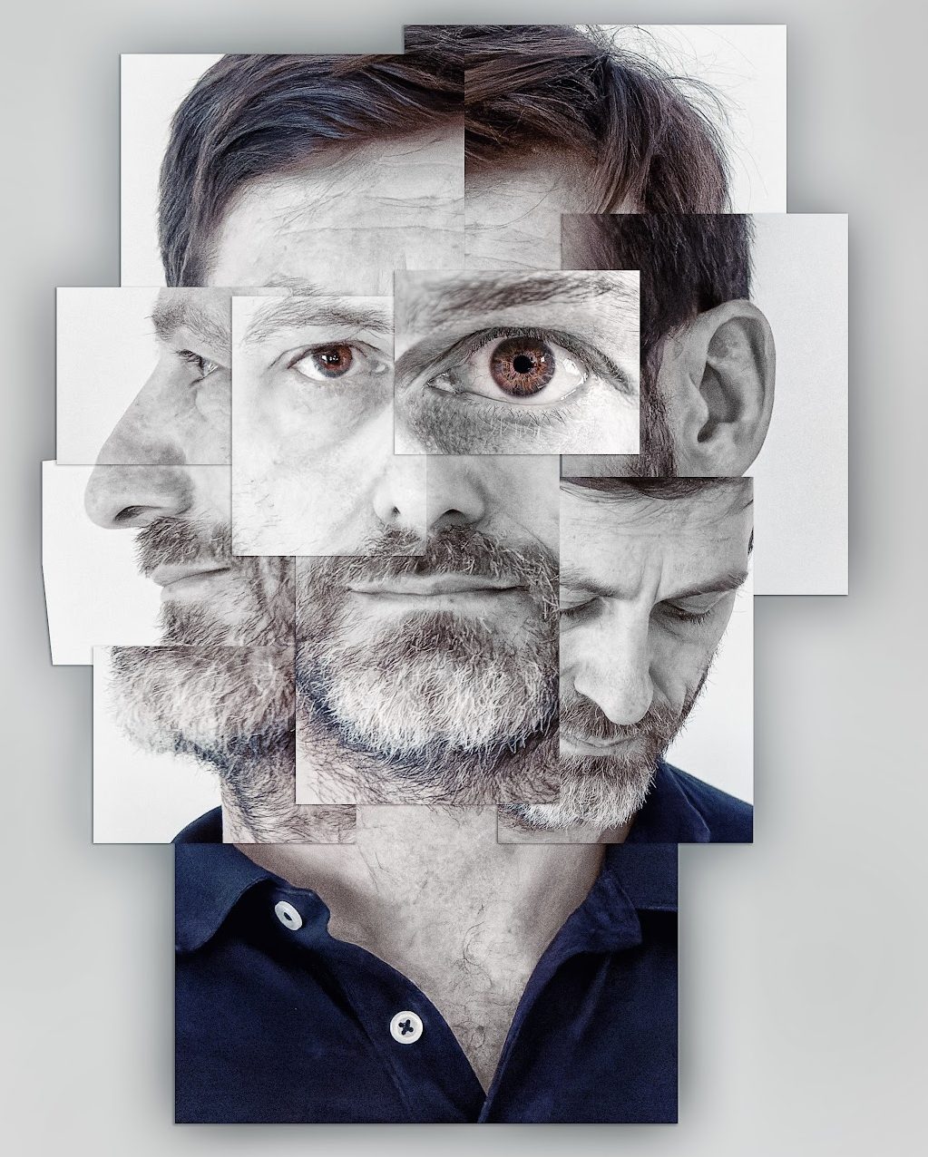 A portrait assembled from about a dozen overlapping rectangular prints laid on a grey ground with soft drop shadows: a left profile at the edge, a frontal face in the centre, one eye enlarged out of scale, another eye looking down, an ear, sections of grey beard. Everything is desaturated except the brown of the eyes. A single undivided plate at the bottom shows the collar of a dark polo shirt.