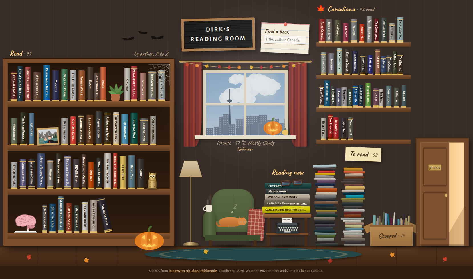 The reading room on a cloudy October afternoon: a tall bookcase full of colourful books on the left, with a plant, a framed photo, a brass owl and a model brain between them; a window with red curtains looking out on the Toronto skyline and the CN Tower, a jack-o'-lantern on the sill; a Canadiana wall shelf above two tall to-read piles; a green armchair with a sleeping orange cat; the books I'm reading stacked on a side table with a typewriter underneath; a box of abandoned books and a half-open door on the right