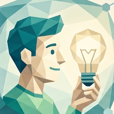 Low-poly illustration of Dirk Primbs holding a lightbulb